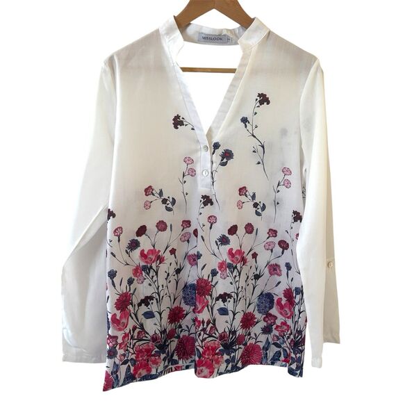 Floral Flowy Womens Blouse Long Sleeve Size Small White Asian Inspired Bloomcore - Picture 1 of 13